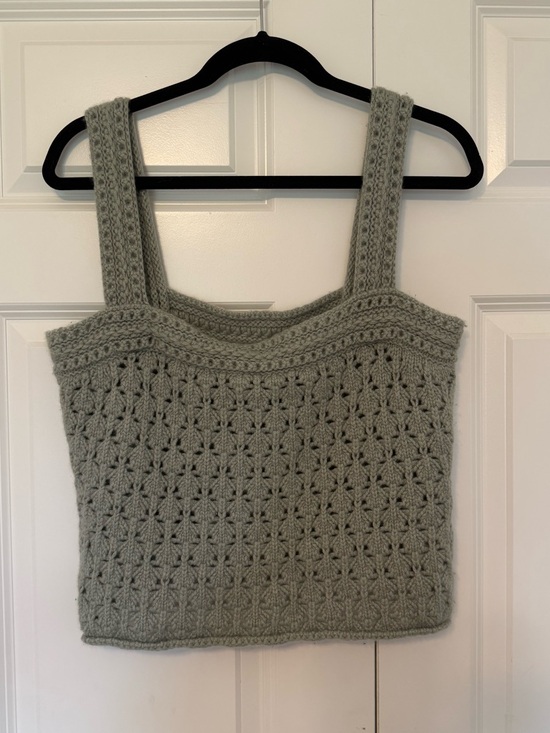 VINCE Sage Green Wool Cashmere Crochet Sleeveless Knit Crop Tank Sweater LARGE - Picture 3 of 7